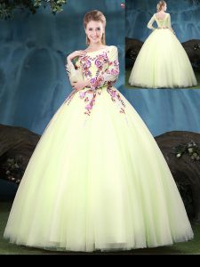 Sexy Yellow Green Ball Gowns Tulle Scoop Long Sleeves Appliques Floor Length Lace Up Sweet 16 Dress
