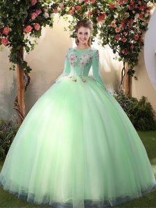 Scoop Apple Green Tulle Lace Up Quinceanera Gown Long Sleeves Floor Length Appliques