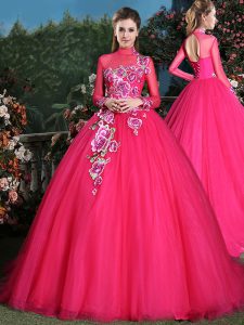 Elegant Coral Red Ball Gowns High-neck Long Sleeves Tulle With Brush Train Lace Up Appliques Quinceanera Dresses
