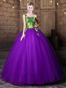 One Shoulder Eggplant Purple Tulle Lace Up Quinceanera Gowns Sleeveless Floor Length Pattern