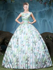 Straps Sleeveless Tulle Floor Length Lace Up Quinceanera Gown in Multi-color with Appliques and Pattern