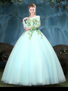 Inexpensive Scoop Aqua Blue Tulle Lace Up Sweet 16 Quinceanera Dress Long Sleeves Floor Length Appliques