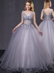 Perfect Grey Ball Gowns Tulle Sleeveless Appliques Floor Length Lace Up Quinceanera Dress