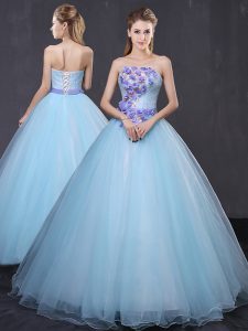 Light Blue Lace Up 15 Quinceanera Dress Appliques and Belt Sleeveless Floor Length