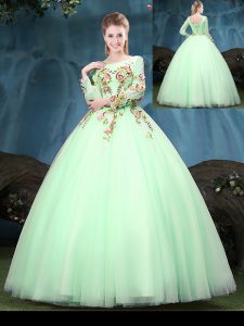 Sumptuous Apple Green Tulle Lace Up Scoop Long Sleeves Floor Length Sweet 16 Dresses Appliques