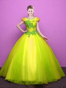 Spectacular Yellow Green Tulle Lace Up Scoop Short Sleeves Floor Length Sweet 16 Dresses Appliques