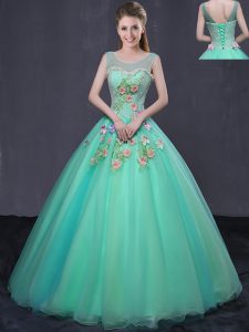 Scoop Sleeveless Floor Length Beading and Appliques Lace Up Sweet 16 Dress with Turquoise