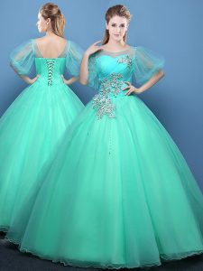 Scoop Turquoise Ball Gowns Appliques Quinceanera Dresses Lace Up Organza Half Sleeves Floor Length