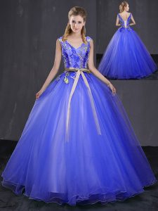 Fitting Royal Blue Lace Up V-neck Appliques and Belt Quinceanera Gowns Tulle Sleeveless