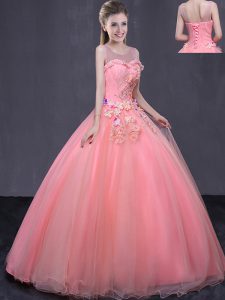 Deluxe Watermelon Red Ball Gowns Tulle Scoop Sleeveless Beading and Appliques Floor Length Lace Up Vestidos de Quinceane