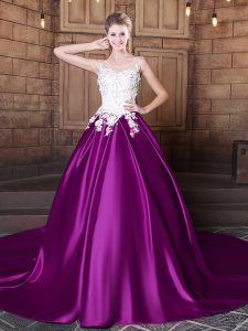 Stunning Scoop Sleeveless Elastic Woven Satin Quinceanera Dress Lace and Appliques Court Train Lace Up