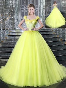 Flirting Straps Sleeveless Tulle With Brush Train Lace Up Vestidos de Quinceanera in Yellow with Beading and Appliques