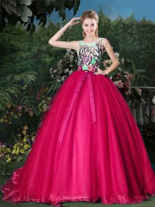 Scoop Ball Gowns Sleeveless Hot Pink Vestidos de Quinceanera Brush Train Zipper