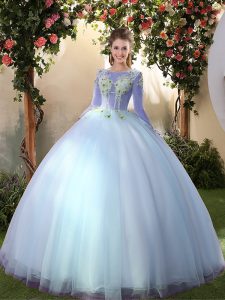 Captivating Big Puffy Light Blue A-line Scoop Long Sleeves Tulle Floor Length Lace Up Appliques Quinceanera Dress