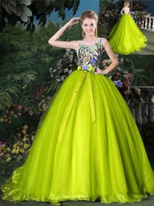 Yellow Green Sweet 16 Dresses Prom and Sweet 16 and Quinceanera and For with Beading and Appliques and Belt Scoop Sleeve