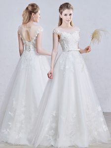 Scoop Short Sleeves Floor Length Appliques Lace Up Wedding Gown with White