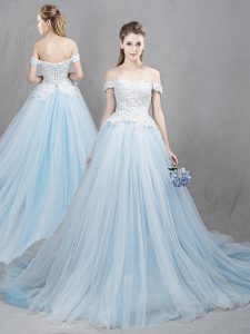 Trendy Off the Shoulder Sleeveless With Train Appliques Lace Up Wedding Gowns with Light Blue Chapel Train