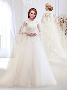 High Quality White A-line Appliques Bridal Gown Lace Up Tulle Sleeveless With Train