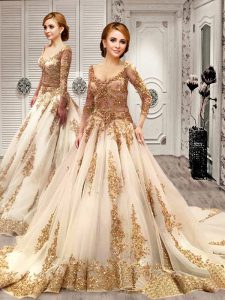 Low Price 3 4 Length Sleeve Tulle With Train Court Train Lace Up Wedding Dress in Champagne with Appliques and Sequins
