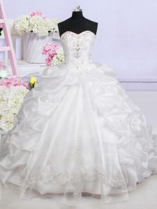 White Organza Lace Up Sweetheart Sleeveless With Train Wedding Gowns Brush Train Beading and Appliques and Pick Ups