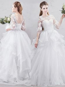 Admirable White Tulle Lace Up Scoop Half Sleeves With Train Wedding Gown Brush Train Lace and Ruffles