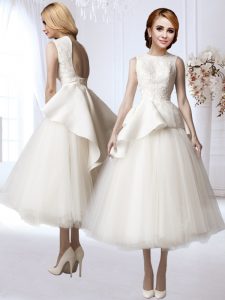 Tea Length A-line Sleeveless White Wedding Gowns Backless