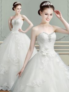 Spectacular White Sleeveless Tulle Lace Up Wedding Gowns for Wedding Party