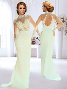 Admirable Backless White Wedding Gowns Chiffon Brush Train Long Sleeves Beading and Lace and Appliques
