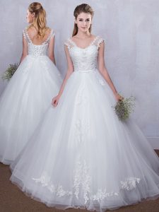 Captivating Straps Tulle Sleeveless Floor Length Wedding Dress and Lace and Appliques