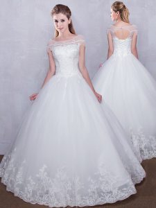 Unique Scoop Cap Sleeves Floor Length Lace Lace Up Wedding Gowns with White