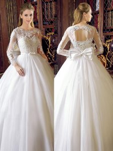 Scoop Lace and Bowknot Wedding Gowns White Lace Up Long Sleeves Floor Length