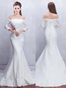 White Mermaid Off The Shoulder 3 4 Length Sleeve Lace With Brush Train Lace Up Lace Bridal Gown