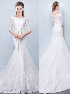 Dazzling Mermaid Scoop White Half Sleeves Court Train Lace With Train Bridal Gown