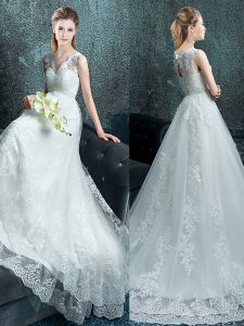 Perfect Brush Train A-line Wedding Gowns White V-neck Tulle Sleeveless With Train Lace Up