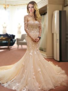 Lovely Mermaid Champagne Sleeveless Tulle Court Train Lace Up Wedding Gowns for Wedding Party