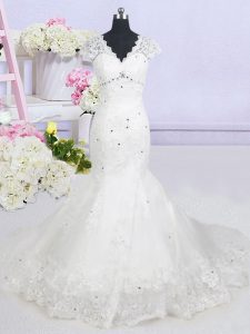 Glamorous Mermaid White Tulle Lace Up V-neck Cap Sleeves With Train Wedding Gowns Brush Train Beading and Lace