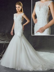 Mermaid Scoop Sleeveless Chapel Train Lace and Appliques Side Zipper Wedding Dress