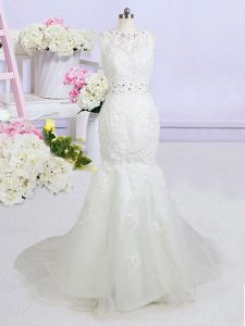 Mermaid White Organza Backless Wedding Gowns Sleeveless With Brush Train Beading and Appliques