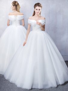 Ruffled White Ball Gowns Off The Shoulder Short Sleeves Tulle Floor Length Lace Up Ruching Bridal Gown