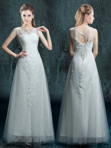 Glittering White Scoop Lace Up Appliques Wedding Gowns Sleeveless