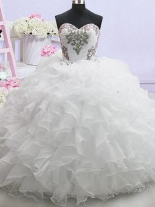 Stunning Sleeveless With Train Beading and Ruffled Layers Lace Up Wedding Gowns with White Brush Train