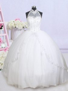 Halter Top White Lace Up Wedding Gowns Beading and Appliques Sleeveless With Brush Train