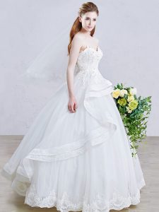Exquisite White A-line Appliques Wedding Dress Lace Up Tulle Sleeveless Floor Length