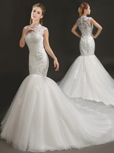 Spectacular Court Train Mermaid Bridal Gown White High-neck Tulle Sleeveless With Train Zipper