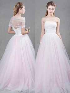 With Train Lace Up Wedding Dresses Pink for Wedding Party with Appliques Brush Train