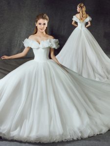 Inexpensive Off the Shoulder Backless White Tulle Lace Up Wedding Gown Sleeveless With Train Court Train Appliques