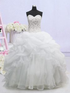 Traditional Pick Ups Sweetheart Sleeveless Brush Train Lace Up Bridal Gown White Organza