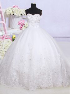 Fancy White Lace Up Bridal Gown Beading and Lace Sleeveless With Train Court Train