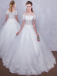 Lovely Scoop See Through White Lace Up Wedding Gowns Lace Short Sleeves Floor Length