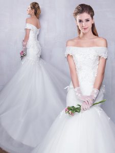Perfect White Mermaid Tulle Off The Shoulder Sleeveless Lace and Hand Made Flower With Train Lace Up Wedding Dress Court